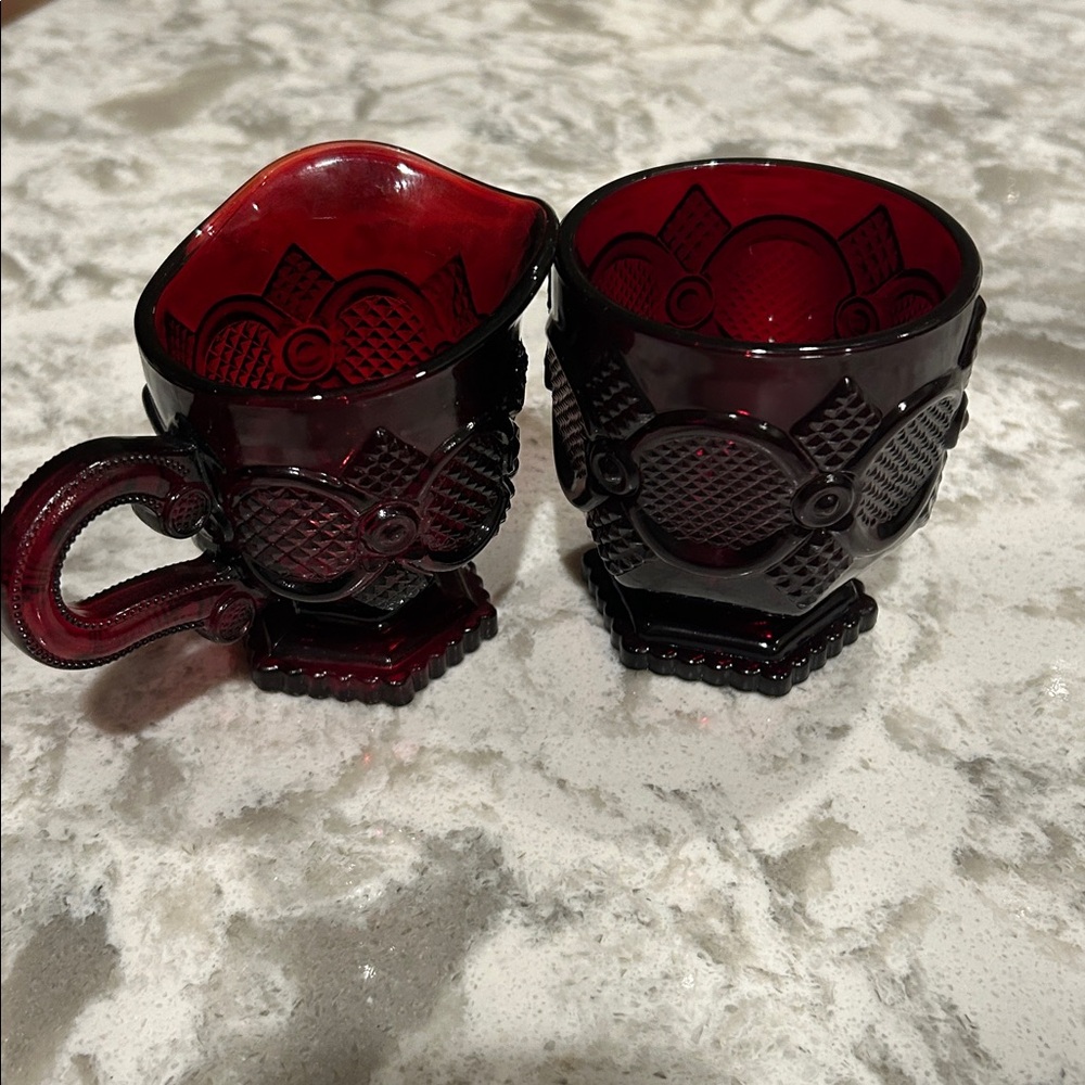 Vintage Red Glass Creamer and Sugar Bowl. Avon-The 1876 Cape Cod Collection